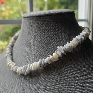 Vintage heishi shell necklace white and pale sky blue chips mcm puka surfer Boho